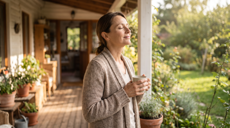 Canadian adult standing peacefully on a home porch, illustrating recovery and financial security with critical illness insurance