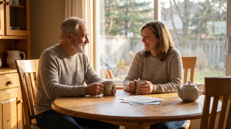 Older Canadian adult and their adult child sharing a warm conversation at home, illustrating final expense insurance planning
