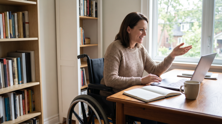Canadian professional using a wheelchair working confidently from a home office, illustrating long term disability insurance coverage