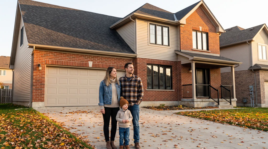 Canadian family standing in front of their suburban home, illustrating mortgage life insurance protection in Canada
