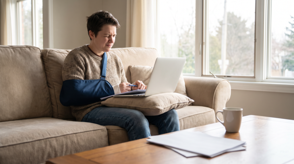 Canadian adult recovering from a minor injury working from home, illustrating short term disability insurance coverage