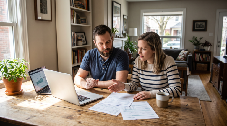 Canadian couple reviewing documents together at home, illustrating the term vs whole life insurance decision