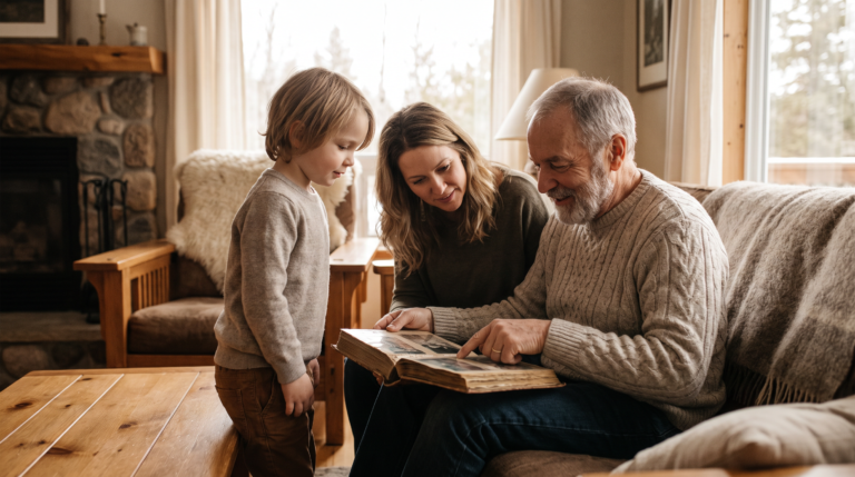 Three generations of a Canadian family together at home, illustrating the lifelong value of whole life insurance